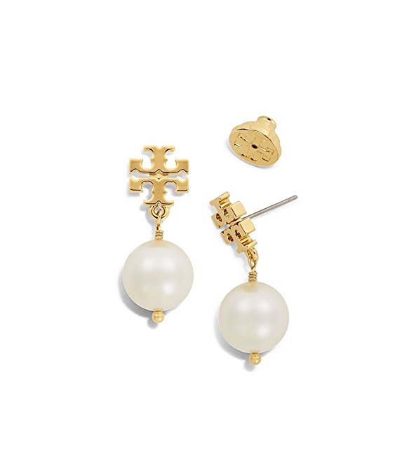 Tory Burch Evie Convertible Logo Pearl Drop Earrings 16k Gold - With Dust Cover - No Card