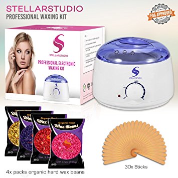 Electric Waxing Kit - Includes 4 Different Hard Wax Beans 100g/Bag (Strawberry, Rose, Lavender, Honey) 30 Applicator Sticks - Professional Hair Removal at Home! depilatory beans safe for Men & Women