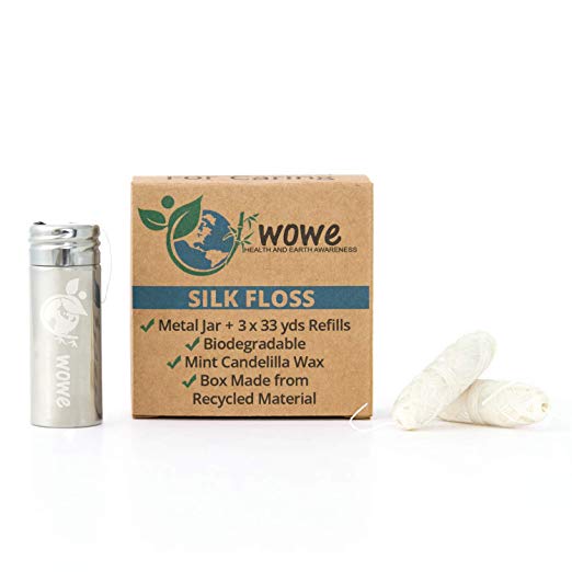 Wowe Natural Biodegradable Silk Dental Floss with Mint Flavored Wax, Refillable Stainless Steel Container and 3 Refills - 99 Yards Total
