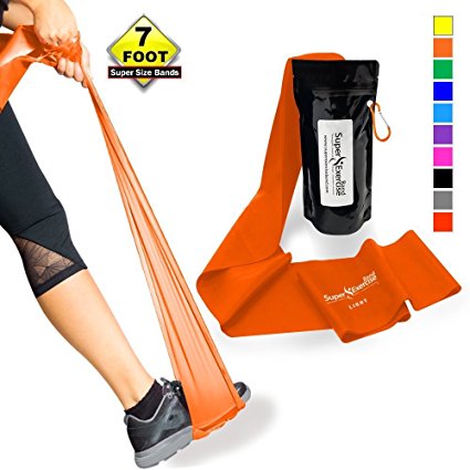 Super Exercise Band 7 ft. Long Resistance Bands. Flat Latex Free Home Gym Fitness Equipment For Physical Therapy, Pilates, Stretch, Yoga, Strength Training Workout. In Light, Medium or Heavy Tension.