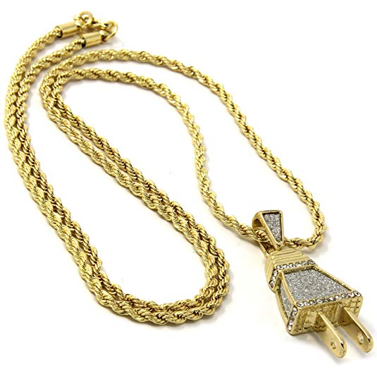 Gold Plated Mini Iced Out Wall Plug Hip-Hop Pendant 3mm 24" Rope Chain Necklace D512