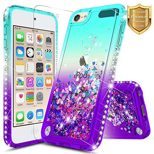 NageBee iPod Touch 6 Case, iPod 6/5 Case w/ [Tempered Glass Screen Protector] Glitter Liquid Quicksand Flowing Shiny Sparkle Bling Clear Cute Case For Apple iPod Touch 5/6th Generation - Aqua/Purple