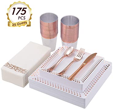 Vplus 175PCS Rose Gold Square Plastic Plates with Plastic Dinnerware ,Include 25 Dinner Plates,25 Dessert Plates,25 Forks,25 Knives,25 Spoons,25 Cups,25 Napkins ( Rose Gold)