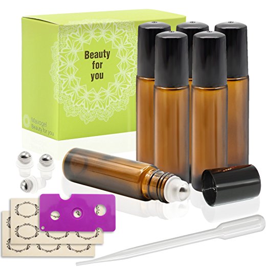 6, 10ml Amber Glass Roll on Bottles With Stainless Steel Roller Ball for Essential Oil by Mavogel - Include 3 Extra Roller Ball, 12 Pieces Labels, Essential Oils Opener, 3ml Dropper
