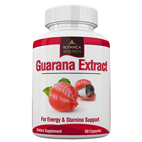 Guarana Extract with 200mg of natural caffeine. 60 Tablet Capsule Pills rich in Tannins, Theophillin and Theobromine from Guaranine Paullinia Cupana Plant Powder Seeds For Diet, Focus and Weight Loss