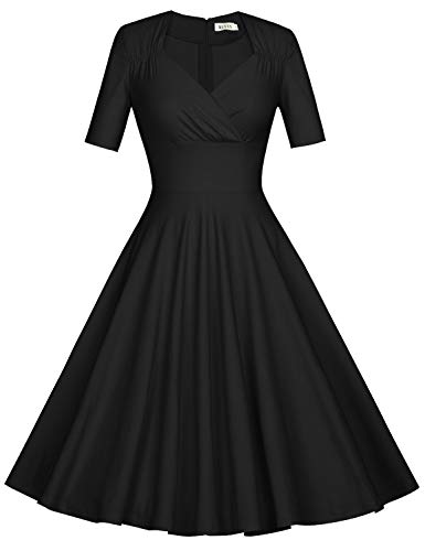 MUXXN Women's 50s Vintage Short Sleeve Pleated Swing Dress