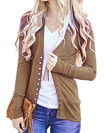 Tracpos Women's V-Neck Solid Button Front Knitwears Long Sleeve Casual Cardigans Sweater