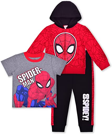 Marvel’s Spiderman Zip Up Hoodie, Shirt and Jogger Pant Bundle for Boys, Active Wear for Kids