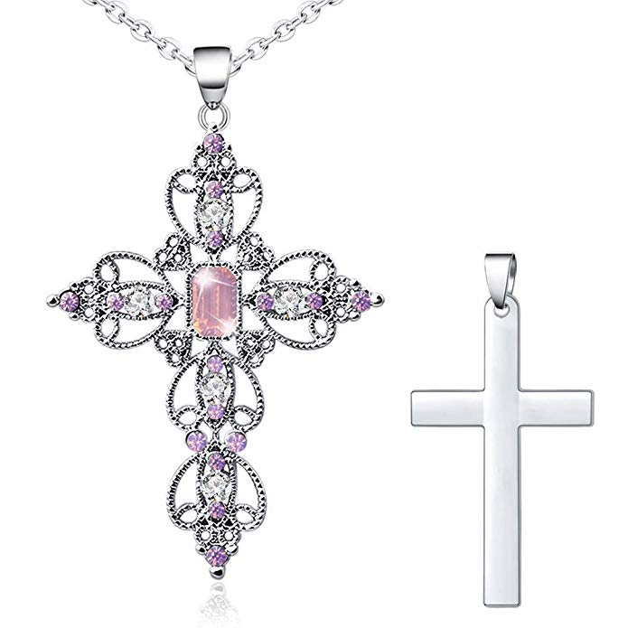 YEDUO Silver Cross Faith Pendant Necklace Crystal Heart Christian Religous Jewelry for Women Girls Stainless Steel Chain 18" with 2" Extension