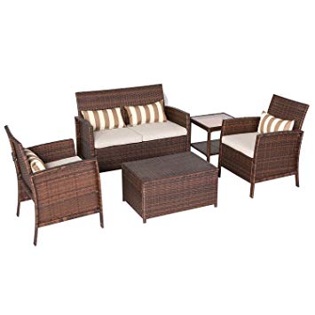 Solaura 5-Piece Outdoor Furniture Brown Wicker Conversation Set with Light Brown Cushions & Coffee Table