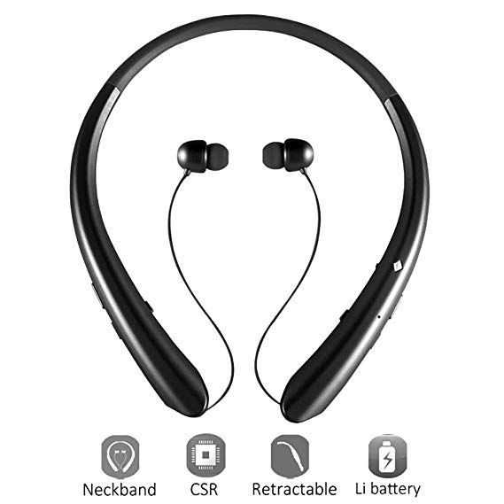 Sport Bluetooth Headphones,LISN Wireless Neckband Headset with Retractable Earbuds,Stereo Sweatproof Noise Cancelling in Ear Earphones 7-8 Hrs Playtime with Mic (Black)