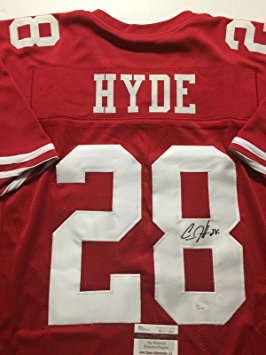 Autographed/Signed Carlos Hyde San Francisco 49ers Red Football Jersey JSA COA