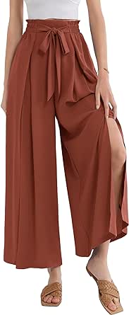 GRACE KARIN Women's Wide Leg Pants with Pockets Lightweight High Waisted Tie Knot Caual Loose Split Flowy Palazzo Trousers