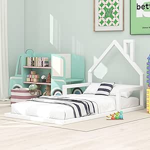 Harper & Bright Designs Twin Size Floor Bed with House-Shaped Headboard, Twin Montessori Floor Bed Frame,Twin Platform Bed,Twin House Bed for Kids Teens Girls Boys,No Box Spring Needed (White)