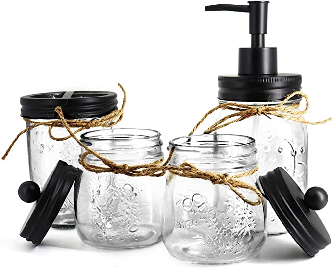 TOPSKY Mason Jar Bathroom 4-Pieces Accessories Set - Lotion Soap Dispenser,Toothbrush Holder, Cotton Swabs Holder,Cotton Ball Holder- Glass & Metal Black