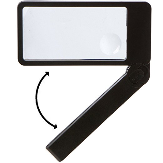Magnifying Glass--Lighted magnifier for reading with bright LED lights, folding handle--easy to store/carry. Rectangular lens- best for reading. Large 2.5X lens with 4X bifocal insert. Carrying case.