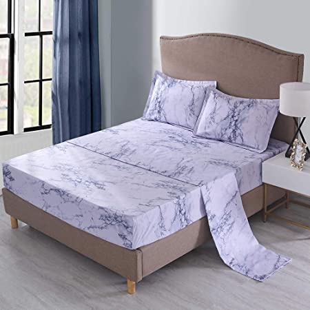Desirable Life Bed Sheet Set Microfiber Fitted Flat Sheets Pillow Shams 4 Piece Sets Marble Texture Pattern - Super Soft, Hypoallergenic, Deep Pockets, Wrinkle & Fade Resistant (Blue, King Size)