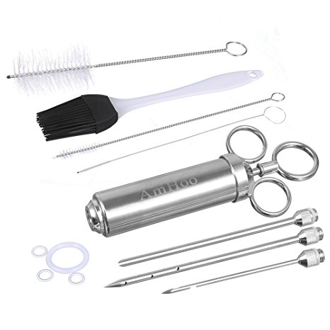 AmHoo Barbecue Meat Injector,Food Grade 18/10(304) Stainless Steel Meat Injector Pump-100% Food Safe With 2-oz Capacity Barrel 3 Marinade Flavor Needles-Free Cleaning Brush+Oil Brush