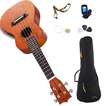 Aileen WINZZ Plywood Soprano/Concert Hawaii Ukulele with Bag, Tuner, Strap, Picks, Extra Strings (21 Inches, Natural)