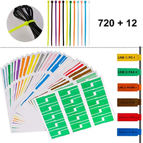 720 Pcs Self-Adhesive Cable Label Tags   12 Colors Nylon Cable Zip Ties — 12 Assorted Colors 24 Sheets 720 Cable Label Stickers, A4 Size Waterproof Tear Resistant