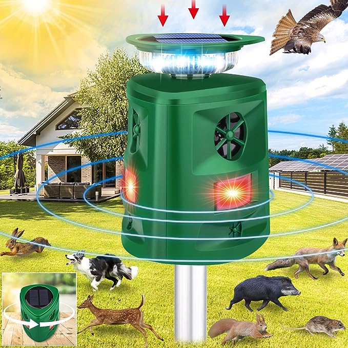 Ultrasonic Animal Repeller,360°Solar Pest Animal Repellent,Cat Repellent Outdoor,Squirrels Repellent with Motion Sensor & Flashing Light, Animal Repellent Outdoor,Repel,Deer,Rabbit,Raccoon,Dog