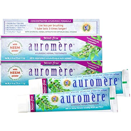 Auromere Ayurvedic Herbal Toothpaste, Mint Free - Vegan, Natural, Non GMO, Flouride Free, Gluten Free, with Neem & Peelu (4.16 oz), 2 Pack