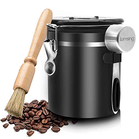 Coffee Container Airtight Stainless Steel Storage Canister with Built-in CO2 Valve, Measuring Scoop and Brush - Black