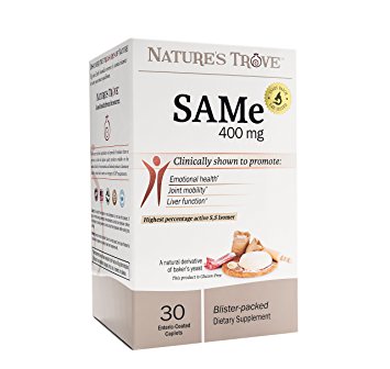 SAM-e 400mg by Nature's Trove - 30 Enteric Coated Caplets. Vegan, Kosher, Non-GMO, Soy Free, Gluten Free - Promotes Positive Mood And Joint Comfort - Cold Form Blister Packed.