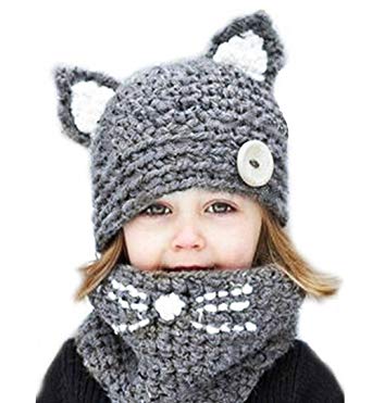 Spring Fever Kids Knitted Winter Hat Fox Cat Animal Hooded Coif Oversize Warm Beanie Scarf Set