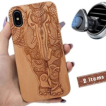 iProductsUS Elephant Phone Case Compatible with iPhone Xs,X and Magnetic Mount-Wooden Cases Engraved Unique Elephant,Built-in Metal Plate,TPU Rubber Shockproof & Protective Covers for iPhone 10/X, Xs