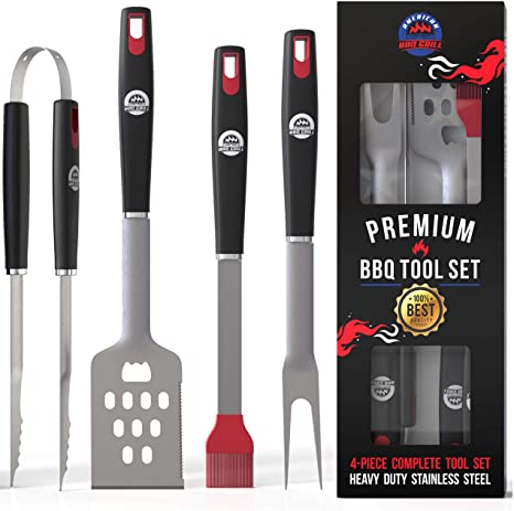 AMERICAN BBQ GRILL Tools - Premium Grilling Set - 4 Piece Utensils: Spatula, Tongs, Fork and Basting Brush - Heavy Duty Stainless Steel Barbecue Accessories for Him - 10 Year Warranty