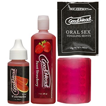 Doc Johnson GoodHead - Fundamentals Kit - 4 Piece Kit of Oral Sex Enhancers - Tingling Mints, Helping Head Stroker, Strawberry Oral Delight Gel , Watermelon Tingle Drops
