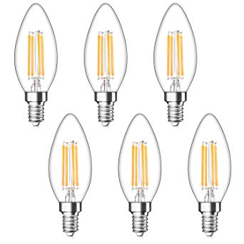 Dimmable LED Candelabra Bulbs 40W Equivalent, E12 LED Filament Light Bulb 2700K Warm White, Decorative Chandelier Lamp, B11 Clear Glass Candle Torpedo Shape, Pack of 6