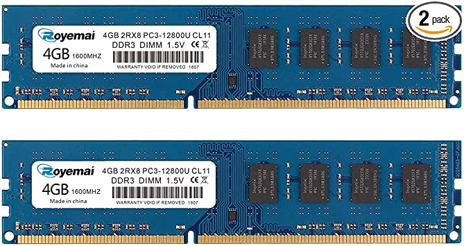 ROYEMAI 8GB Kit (2X4GB) DDR3 RAM, DDR3 1600 PC3-12800U 4GB DDR3 2Rx8 240-pin Dimm CL11 1.5V Desktop RAM Memory Module