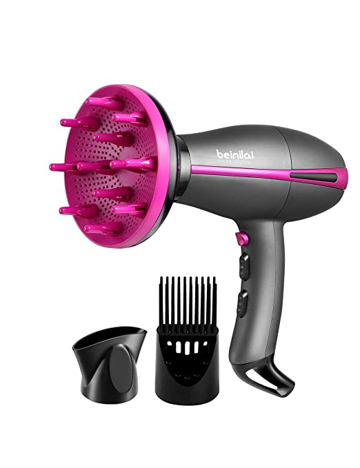 Professional Hair Dryers, 1875 Watt Small Lightweight Travel Blow-Dryer with Diffuser & Concentrator &Comb for Curly Hair (Gray&purple)