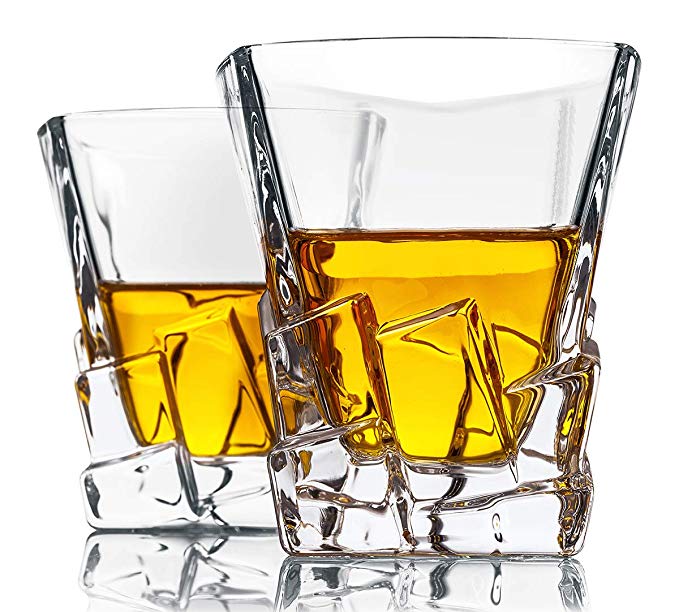 LIVIVO ® Set of 2 On The Rocks Whiskey Glasses – Strong and Perfectly Weighted Square Stylish and Elegant Old Fashioned Crystal Clear 220ml Whisky Ice Tumblers Gift Set with Diamond Iceberg Design