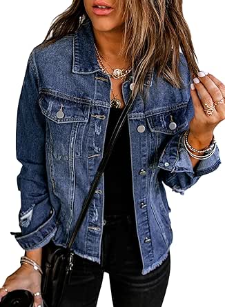 EVALESS Womens Boyfriend Washed Crop Denim Jean Jacket Coat