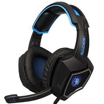 2016 Newest SADES Spirit Wolf 3.5mm Wired Stereo Gaming Headset Headband Headphones with Microphone Deep Bass Over-the-Ear Noise Isolating Volume Control LED Lights For PC Gamers (Black Blue)