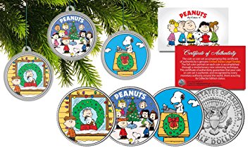 PEANUTS CHRISTMAS Charlie Brown JFK Half Dollar 3-Coin Set Tree Ornaments SNOOPY