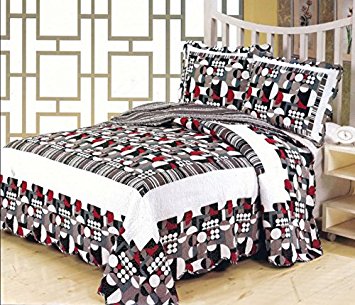 New Reversible 3PC Quilt Coverlet 100% Cotton Full Size Bedspread (Geo Block)