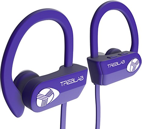 TREBLAB XR500 Bluetooth Headphones, Best Wireless Earbuds For Sports, Running, Gym Workout. 2017 New Model. IPX7 Waterproof, Sweatproof, Secure-Fit Headset. Noise Cancelling Earphones w/ Mic (Purple)