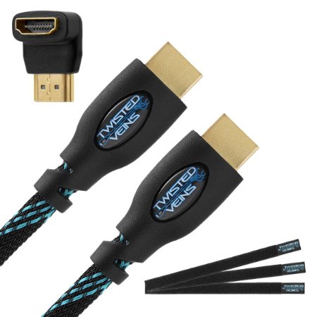 Twisted Veins 100' High Speed HDMI Cable   Right Angle Adapter and Three Micro Velcro Cable Ties (Latest Version Supports Ethernet and Audio Return)