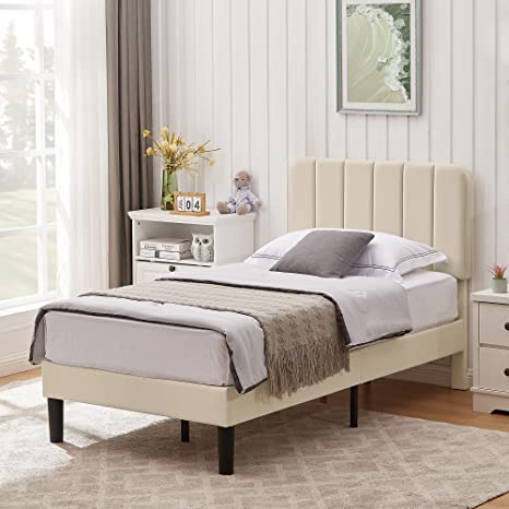 VECELO Twin Size Upholstered Bed Frame with Adjustable Velvet Headboard and Wooden Slats Support, Heavy-Duty Platform Bedframe/Mattress Foundation/No Box Spring Needed, Beige