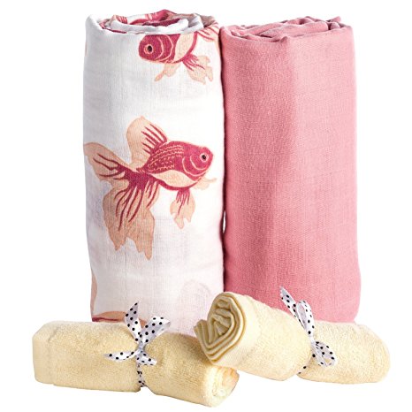 Softest Organic Cotton Muslin Swaddle Blankets 2 Pack   Bonus Bamboo Washcloths 2 Pcs by BabyVoice (Pink)