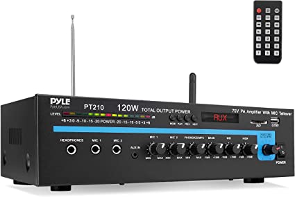 Compact Public Address Mono Amplifier - Professional 120 Watt Home Power Audio Sound PA Speaker Receiver System w/ RCA, Headphone, 2 Microphone Inputs, Independent Volume Control - Pyle PT210