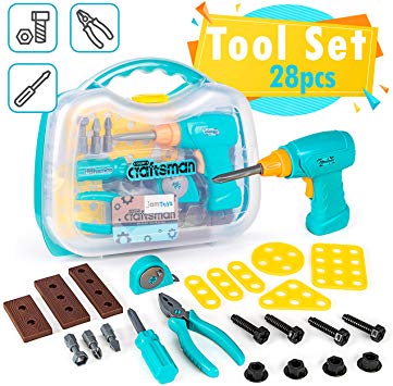 Toy Tool Kit for Toddlers & Kids, Girls & Boys - 28-Piece Large Set with Drill, Storage Box, Screwdriver, Measuring Tape, Pilers, Bolts & Nuts - Play Pretend Gift for 3 4 5 6 7 Year Old Age Children