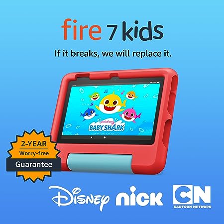 Amazon Fire 7 Kids tablet, ages 3-7. Top-selling 7" kids tablet on Amazon - 2022 | ad-free content with parental controls included, 10-hr battery, 16 GB, Red