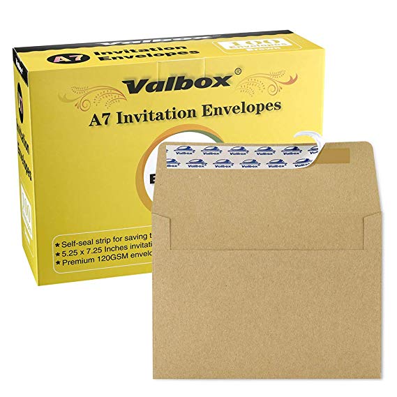 ValBox 100 Qty A7 Invitation Envelopes 5 x 7, 120GSM Brown Kraft Paper Envelopes | for 5x7 Cards, Self Seal, Weddings, Invitations, Baby Shower, Stationery, Offce | 5.25 x 7.25 Inches