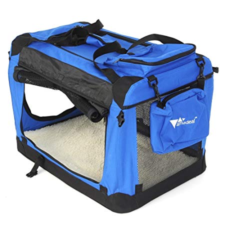 Amzdeal Portable Collapsible Kennel Soft Fabric Pet Crate Pet Carrier for Cats and Dogs WITH Mesh Windows (Blue Middle)