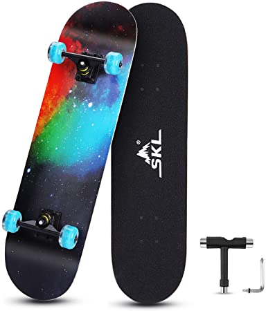 SKL Skateboard 31" x 8" Complete Skateboard with Colorful LED Light Up Wheels for Kids Boys Girls Youths Beginners Adults Teens, 9 Layers Canadian Maple Wood Deck Standard Skate Boards